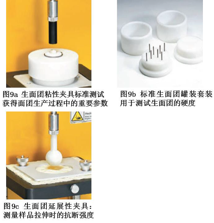 图9a生面团粘性夹具标准测试获得面团生产过程中的重要参数，图9b标准生面团罐装套装用于测试生面团的硬度，图9c生面团延展性夹具：测量样品拉伸时的抗断强度—无麸质食品的质构分析